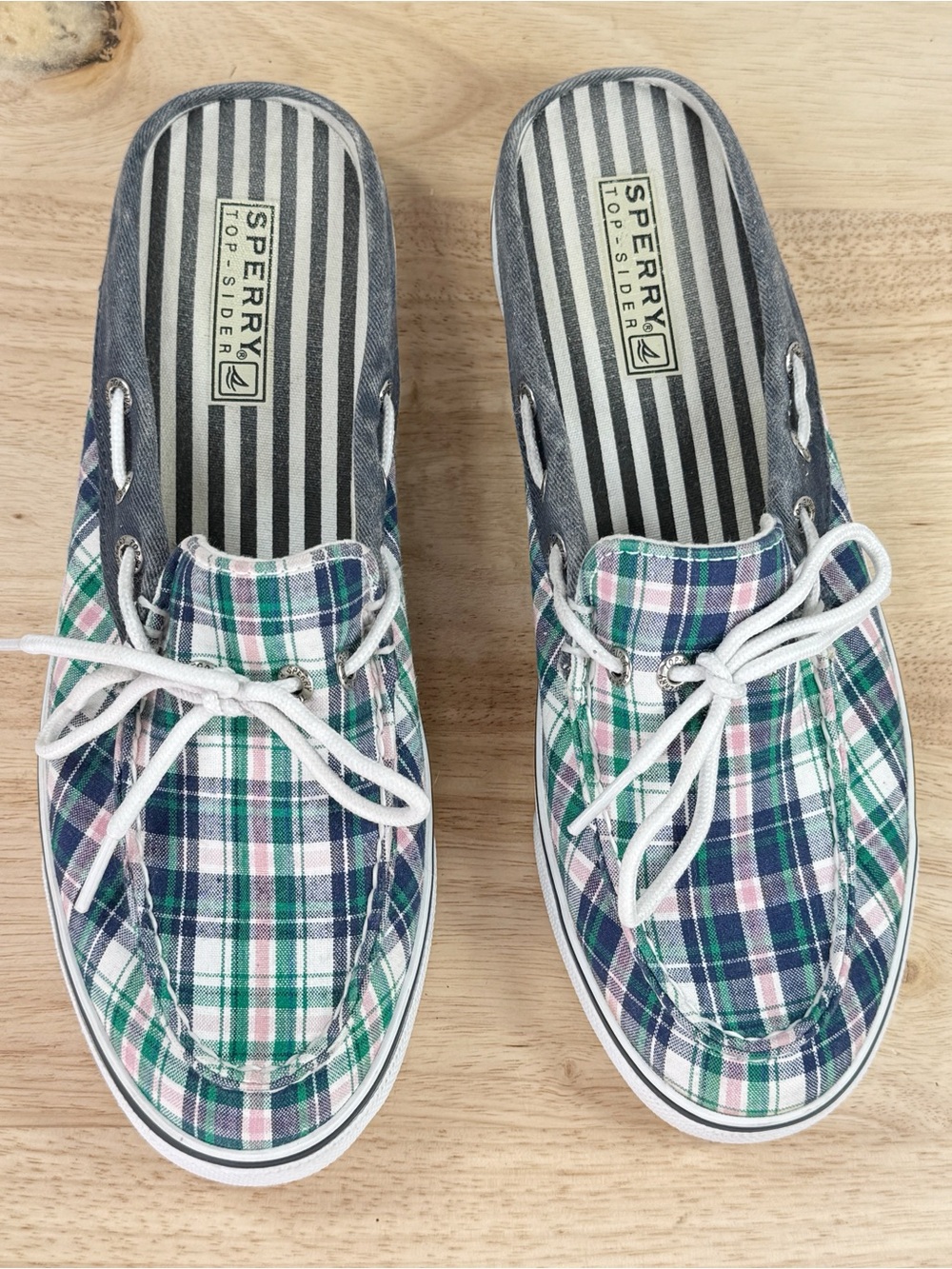 Sperry Plaid Canvas Slip On Mules Boat Shoes Blue Green Pink Women 9 Preppy - Picture 10 of 10